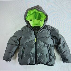 Gray Hooded Puffer Jacket with Neon Green Lining